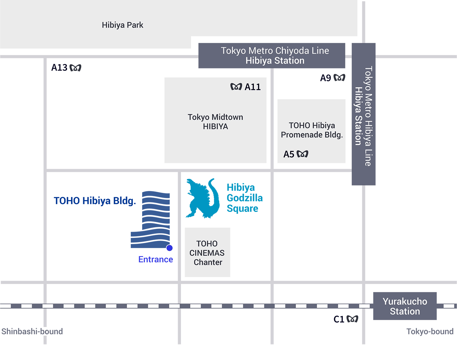 Map showing the location of TOHO CO., LTD. headquarters. The headquarters is located in the TOHO Hibiya Building. The nearest stations are Hibiya Station and Yurakucho Station.