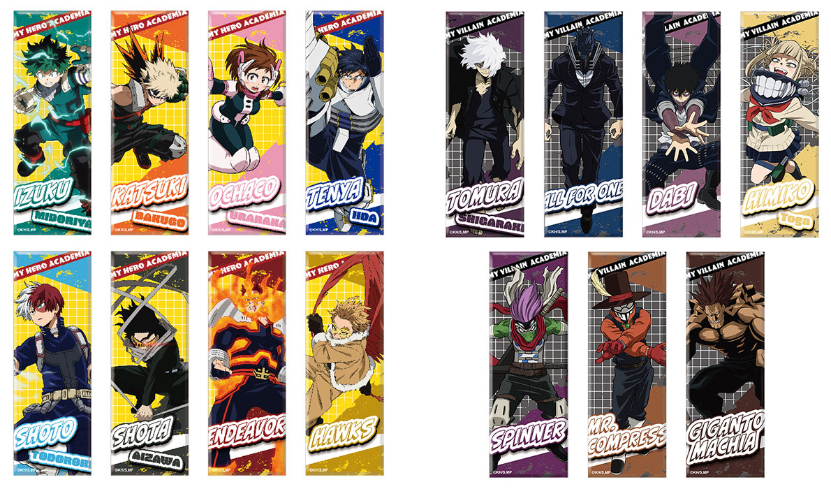 ★トレーディング スクエアロング缶バッジ Hero Ver.【全8種】／<br />
★トレーディング スクエアロング缶バッジ Villain Ver.【全7種】<br />
価格：各440円（税込）